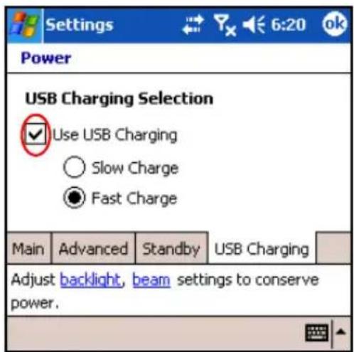 Settings Power USB Charging Selection ✓ Use USB Charging ○ Slow Charge ● Fast Charge Main Advanced Standby USB Charging Adjust backlight, beam settings to conserve power.