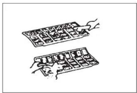 Illustration showing two hand-drawn panels with labeled buttons and a grid of icons, possibly illustrating a game or calculator interface.