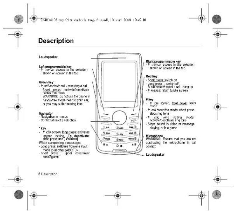 254034103_my721X_en.book Page 6. Jead; 10. avril 2008 10:49 10 Description Loudspeaker Left programmable key - In menus: access to the selection shown on screen in the tab Green key - In call contact: call - receiving a call Short press, activate/deactivate hands-free mice WARNING: do not use the phone in hands-free mode near to your ear, or you may suffer hearing loss Navigator - Navigation in menus - Confirmation of a selection * key - In idle screen: long press: activates keypad locking. To deactivate short press and Validate When composing a message: - Long press switches from one input mode to another (ABOT9) - Short press : upper case/cover case/figures Right programmable key - In menus: access to the selection shown on screen in the tab Red key - Short press: switch on - Long press: switch off - In call contact: read a call - hang up - In menus: return to idle screen key - In idle screen: Hold cover: silent mode. - In call reception mode: short press stops ring tone - In ring tone setting mode: activate/deactivate ring tone - Stops sound in video or message playing, or in a game Microphone WARNING: Ensure that you are not obstructing the microphone in call context Loudspeaker 6 Description