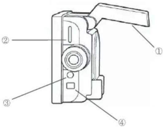 Technical diagram of a digital camera with numbered parts labeled ① to ④