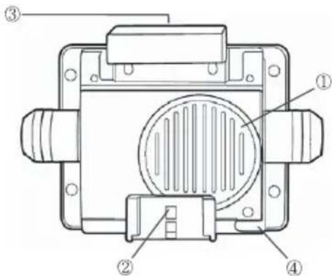 Technical diagram of a mechanical component with numbered parts labeled ①, ②, and ③