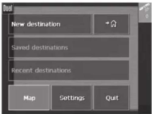 Dual New destination Saved destinations Recent destinations Map Settings Quit