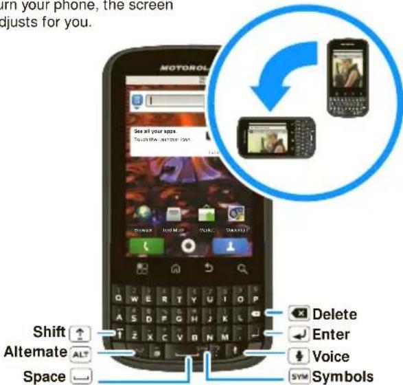 urn your phone, the screen adjusts for you. Motorola See all your apps. Touch the Anteater Box Shift Alternate Space Delete Enter Voice Symbols