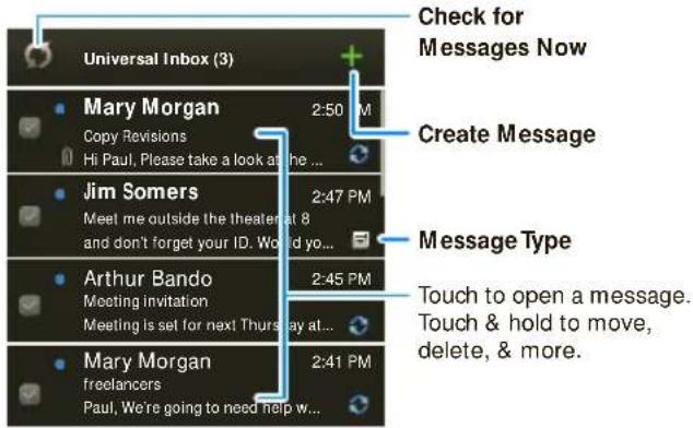 Universal Inbox (3) Mary Morgan Copy Revisions Hi Paul, Please take a look at the ... Jim Somers Meet me outside the theater at 8 and don't forget your ID. Would you... Arthur Bando Meeting invitation Meeting is set for next Thursday at... Mary Morgan freelancers Paul, We're going to need help w... Check for Messages Now Create Message Message Type Touch to open a message. Touch & hold to move, delete, & more.