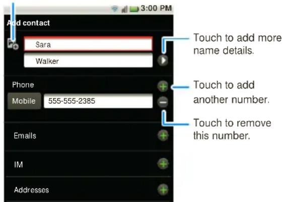 3:00 PM Add contact Sara Walker Phone Mobile 555-555-2385 Emails IM Addresses Touch to add more name details. Touch to add another number. Touch to remove this number.