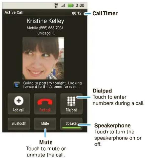 Active Call 00:12 Call Timer Kristine Kelley Mobile (555) 555 7931 Chicago, IL Going to pottery tonight. Looking forward to it, it's been forever... Add call End call Dialpad Bluetooth Mute Speaker Mute Touch to mute or unmute the call. Dialpad Touch to enter numbers during a call. Speakerphone Touch to turn the speakerphone on or off.