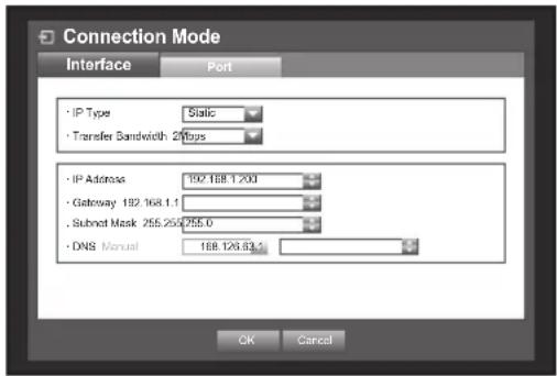Connection Mode Interface Port • IP Type Static • Transfer Bandwidth 200ps • IP Address 192.188.1.200 • Gateway 192.168.1.1 . Subnet Mask 255.250.755.0 • DNS Manual 188.126.63 % OK Cancel