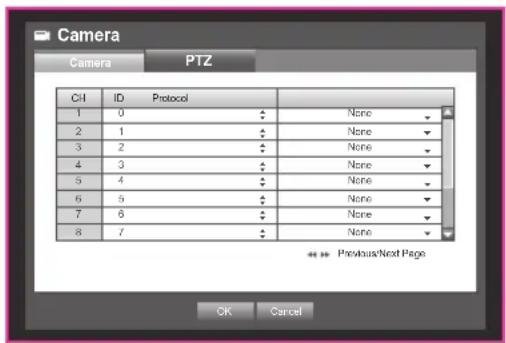Camera PTZ CI ID Protocol 1 0 None 2 1 None 3 2 None 4 3 None 5 4 None 6 5 None 7 6 None 8 7 None Previous/Next Page OK Cancel