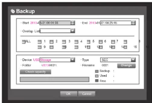 Backup Start 2013-01-31 00:01:36 End 2013-01-31 08:25:45 Overlap List ALL 1 2 3 4 5 6 7 B 9 10 11 12 13 14 15 Device USD Storage Type SEC Folder /20130131 Filename 0331 Change Check capacity Backup : Used : Free : OK Cancel