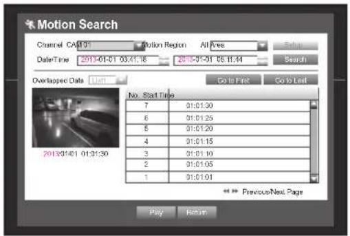 Motion Search Channel CAM:01 Motion Region All Free Date Time 2013-01-01 03:41:38 2013-07-01 05:11:44 Search Overlapped Data List Go to First Go to Last No. Start Time 7 01:01:30 6 01:01:25 5 01:01:20 4 01:01:15 3 01:01:10 2 01:01:05 1 01:01:01 2013/01/01 01:31:30 Previous/Next Page Play Return