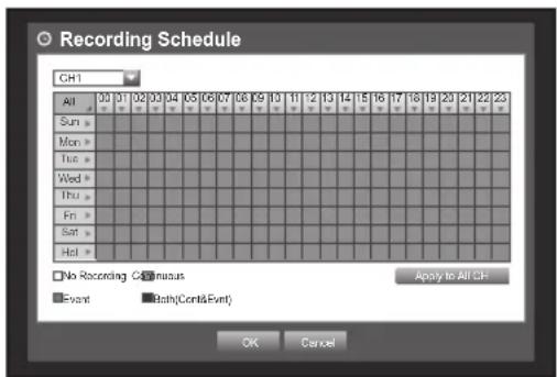 Recording Schedule CH1 All 03 31 02 03 34 05 06 07 08 09 10 11 12 13 14 15 16 17 18 19 20 21 22 23 Sun ▶ Mon ▶ Tue ▶ Wed ▶ Thu ▶ Fri ▶ Sat ▶ Hot ▶ No Recording C:\nnusus Apply to All CH Event Attach(Cont&Event) OK Cancel