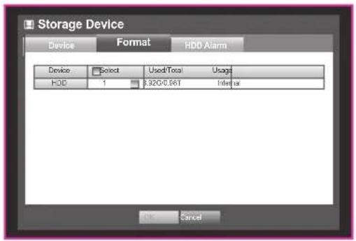 Storage Device Device Format HDD Alarm Device Select Used/Total Usage HDD 1 8.920/0.061 Internal OK Cancel