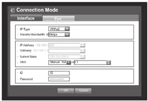 Connection Mode Interface Port • IP Type PPPoE • Transfer Bandwidth 50kbps • IP Address 162.168.1 200 • Gateway 102.168.1 • Subnet Mask 255.255.255.0 • DNS Manual 168.168.1 • ID ID • Password OK Cancel
