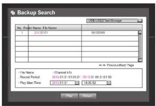 Backup Search USB:USB2* fast/Storage No. Folder Name: File Name: 1 2013-01-01 18190000 • File Name • Channel Info • Record Period 2013-01-01 01:01:31 - 2013-01-01 01:01:10 • Play Start Time 2013-01-01 18:30:52 Play Return