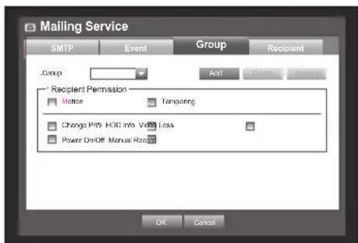 Mailing Service SMTP Event Group Recipient Group Act Recipient Permission Motion Tempensing Changes P/W: HOD Info: Vio# Loss Power On/Off Manual Range OK Cancel
