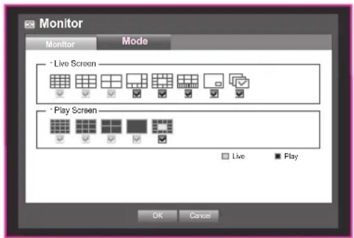 Monitor Monitor Mode Live Screen Play Screen Live Play OK Cancel