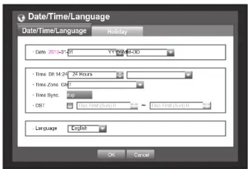 Date/Time/Language Date/Time/Language Holiday - Date 2013-01-01 YV/WA-M-0D - Time: 08:14:29 24 Hours - Time Zone: GMT - Time Sync. Sup - DST Doc First (Sun) 0 Doc First (Sun) 0 - Language English OK Cancel