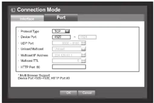 Connection Mode Interface Port Protocol Type TC> Device Port 4520 ~ 4924 UDP Port 8300 ~ 8160 Unicast/Multicast Unicast Multicast IP Address 224.129.63.1 Multicast TTL 5 HTTP Port 80 * Multi Browser Support Device Port 4506-4330; HTTP Port 80 OK Cancel
