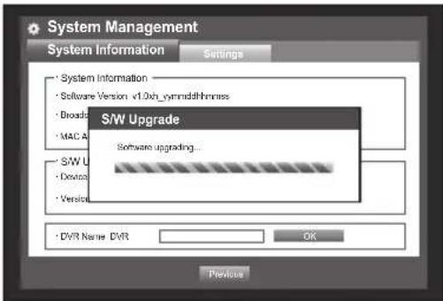 System Management System Information Settings System Information Software Version v1.0xb_ynmiddhmnss Broads MAC A S/W Upgrade Software upgrading... S/W U Device Version DVR Name: DVR OK Previous