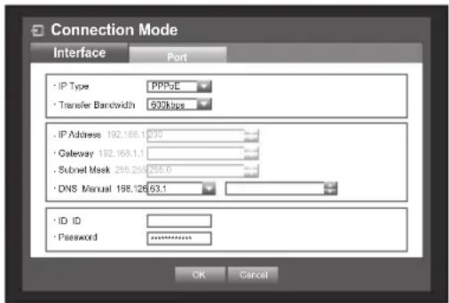 Connection Mode Interface Port • IP Type PPPoE • Transfer Bandwidth 633bps • IP Address 192.168.1 200 • Gateway 192.168.1.1 • Subnet Mask 255.255 255.0 • DNS Manual 198.126 53.1 • ID ID • Password OK Cancel