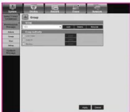 System Order Record Event Remove Control Thread Logistics Performance Manage Action Group Run Show Settings Manage Group Group Authority Load Time Log Time Balance Apply Cancel