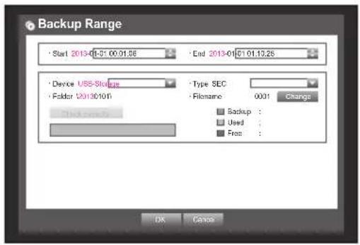 Backup Range Start 2013-01-51 00:01:56 End 2013-01-01 01:10:26 Device USS Storage Folder 2013/01/01 Type SEC Filename 0001 Change Backup : Used : From : OK Cancel