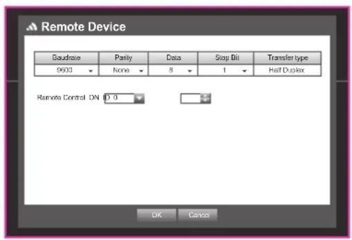 Remote Device Baudrase Parity Data Stop Bit Transfer type 9600 None 8 1 Half Duplex Remote Control DN 0.0 OK Cancel