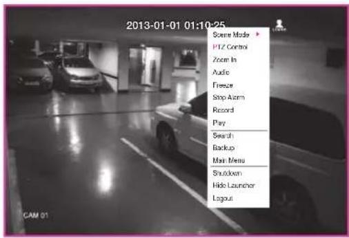 2013-01-01 01:10:25 Scene Mode PITZ Control Zoom In Audio Freeze Stop Alarm Record Play Search Backup Main Menu Shutdown Hide Launcher Logout