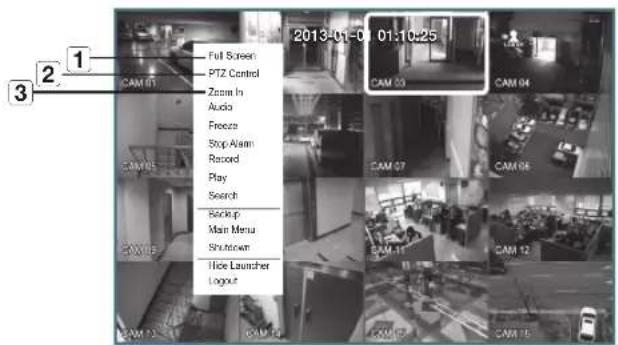 2013-01-01 01:10:25 Full Screen PTZ Control Zoom In Audio Freeze Stop Alarm Record Play Search Sock-up Main Menu Shutdown Tice Launcher Logout
