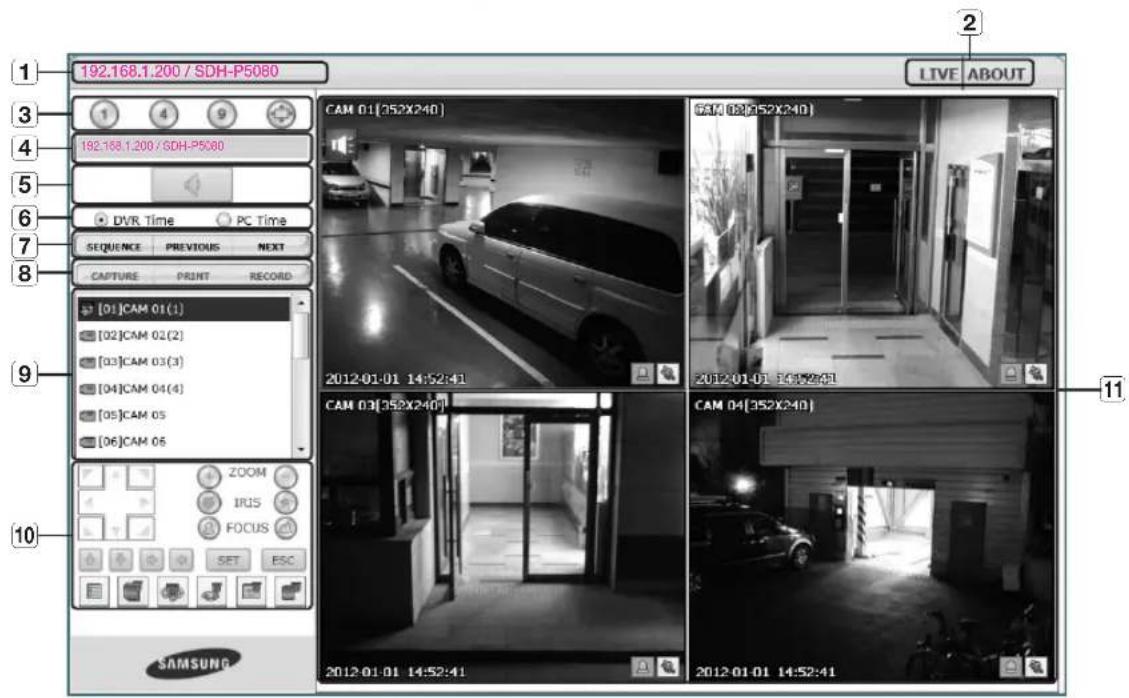 192.168.1.200 / SDH-P5080 LIVE ABOUT CAM 01[352X240] CAM 02[352X240] CAM 03[352X240] CAM 04[352X240] 192.168.1.200 / SDH-P5080 DVTR Time PC Time SEQUENCE PREVIOUS NEXT CAPTURE PRINT RECORD [01]CAM 01(1) [02]CAM 02(2) [03]CAM 03(3) [04]CAM 04(4) [05]CAM 05 [06]CAM 06 ZOOM IRUS FOCUS SET ESC SAMSUNG 11