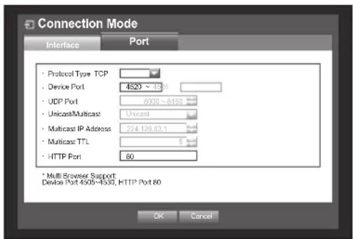 Connection Mode Interface Port Protocol Type TCP Device Port 4520 ~ 4386 UDP Port 8000 ~ 6199 Unicast/Multicast Unicast Multicast IP Address 224.128.83.1 Multicast TTL 5 HTTP Port 80 * Multi Browser Support: Device Port 4505~4530, HTTP Port 80 OK Cancel