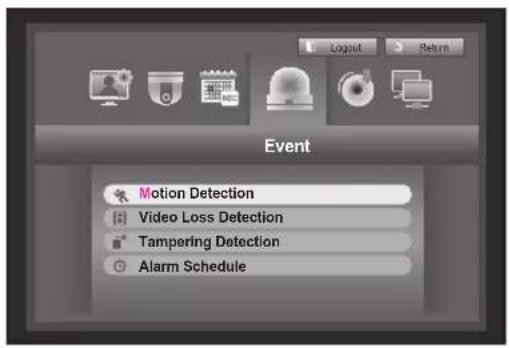 Event Motion Detection Video Loss Detection Tampering Detection Alarm Schedule