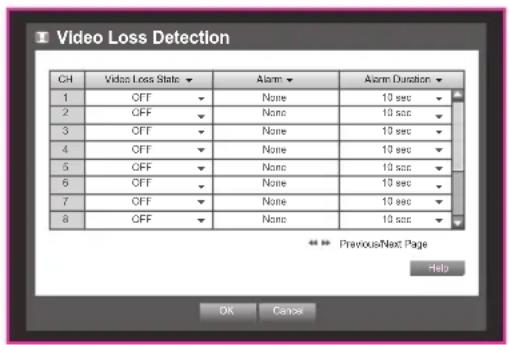 Video Loss Detection CH Video Loss State Alarm Alarm Duration 1 OFF None 10 sec 2 CFF None 10 sec 3 CFF None 10 sec 4 CFF None 10 sec 5 CFF None 10 sec 6 CFF None 10 sec 7 CFF None 10 sec 8 CFF None 10 sec Previous Next Page Help OK Canox