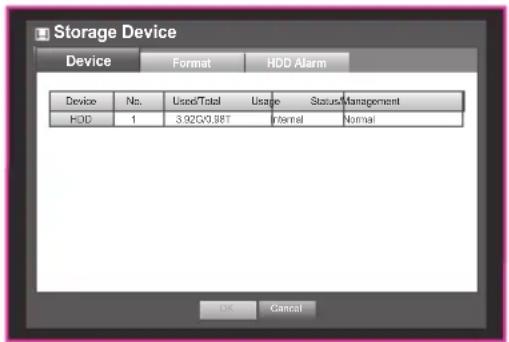 Storage Device Device Format HDD Alarm Device No. Used/Total Usage Status Management HOD 1 3.92G/0.8BT Internal Normal OK Cancel