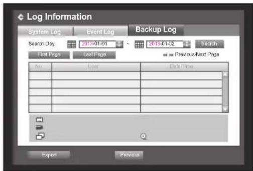 Log Information System Log Event Log Backup Log Search Day 2013-01-01 2013-01-02 Search First Page Last Page Previous/Next Page No Lase Data Time Export Previous
