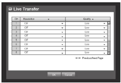Live Transfer CH Resolution Quality 1 CIF Low 2 CIF Low 3 CIF Low 4 CIF Low 5 CIF Low 6 CIF Low 7 CIF Low 8 CIF Low << >> Previous/Next Page OK Cancel