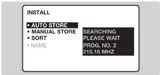 INSTALL • AUTO STORE • MANUAL STORE • SORT • NAME SEARCHING PLEASE WAIT PROG. NO. 2 215.18 MHZ
