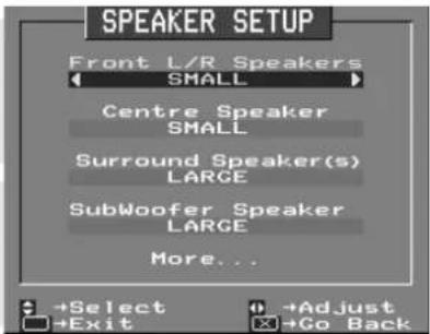 SPEAKER SETUP Front L/R Speakers SMALL Centre Speaker SMALL Surround Speaker(s) LARGE SubWoofer Speaker LARGE More... +Select +Adjust +Exit +Go Back