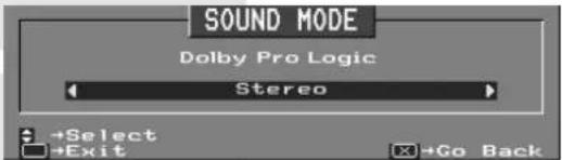 SOUND MODE Dolby Pro Logic Stereo +Select +Exit +Go Back