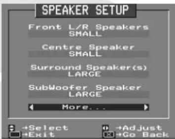 SPEAKER SETUP Front L/R Speakers SMALL Centre Speaker SMALL Surround Speaker(s) LARGE SubWoofer Speaker LARGE More...