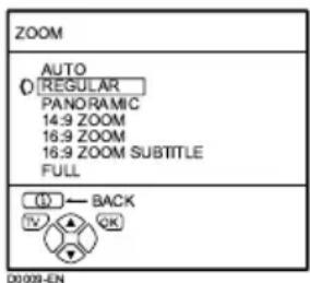 ZOOM AUTO O REGULAR PANORAMIC 14.9 ZOOM 16.9 ZOOM 16.9 ZOOM SUBTITLE FULL (0) ← BACK IV QK D0009-EN