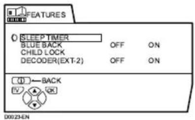 FEATURES SLEEP TIMER BLUE BACK CHILD LOCK DECODER(EXT-2) OFF ON OFF ON ①←BACK V OK 00023EN