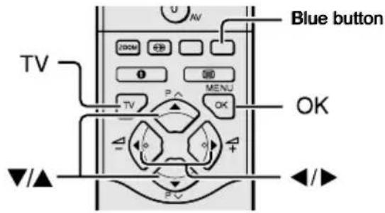 TV Blue button OK P Menu OK +/-