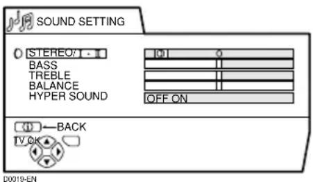 SOUND SETTING STEREO:1 - 1 BASS TREBLE BALANCE HYPER SOUND OFF ON BACK TV OK D0019-EN