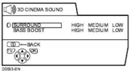 3D CINEMA SOUND SURROUND HIGH MEDIUM LOW BASS BOOST HIGH MEDIUM LOW (①) — BACK (V) OK D0063-EN