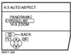 4:3 AUTO ASPECT PANORAMIC O REGULAR 14.9 ZOOM ① ← BACK IV OK D0017-EN