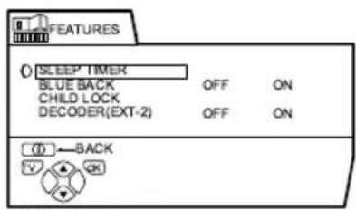 FEATURES SLEEP TIMER BLUE BACK OFF ON CHILD LOCK OFF ON DECODER(EXT-2) (D) BACK V OK