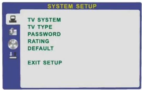 SYSTEM SETUP TV SYSTEM TV TYPE PASSWORD RATING DEFAULT EXIT SETUP
