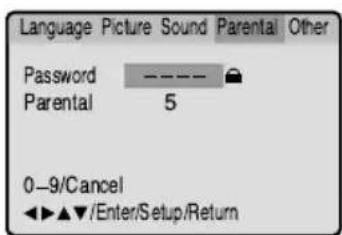 Language Picture Sound Parental Other Password ---- Parental 5 0-9/Cancel ◀◀▲▼/Enter/Setup/Return