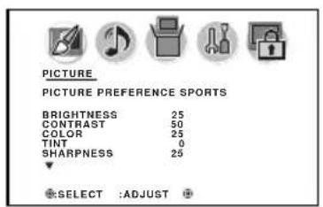 PICTURE PICTURE PREFERENCE SPORTS BRIGHTNESS 25 CONTRAST 50 COLOR 25 TINT 0 SHARPNESS 25 SELECT :ADJUST